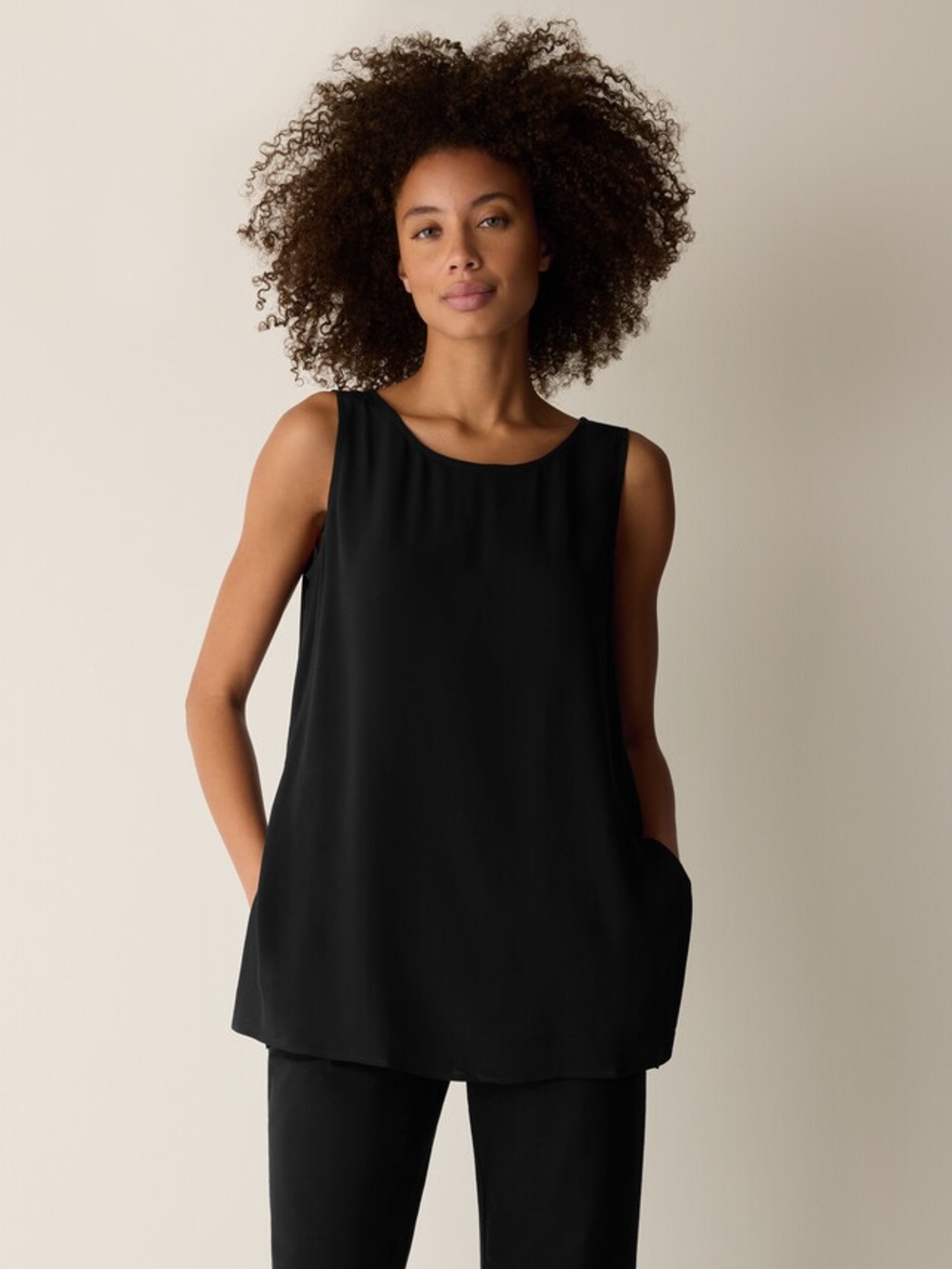Eileen Fisher 100% Silk Crepe Tunic Tank Black 1X NWT